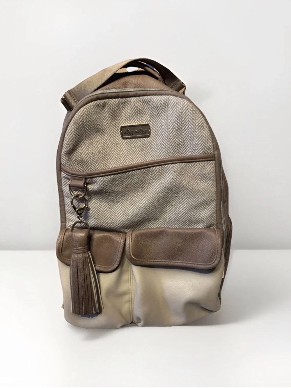 Itzy Ritzy Beige & Brown Herringbone Diaper Backpack with Tassel